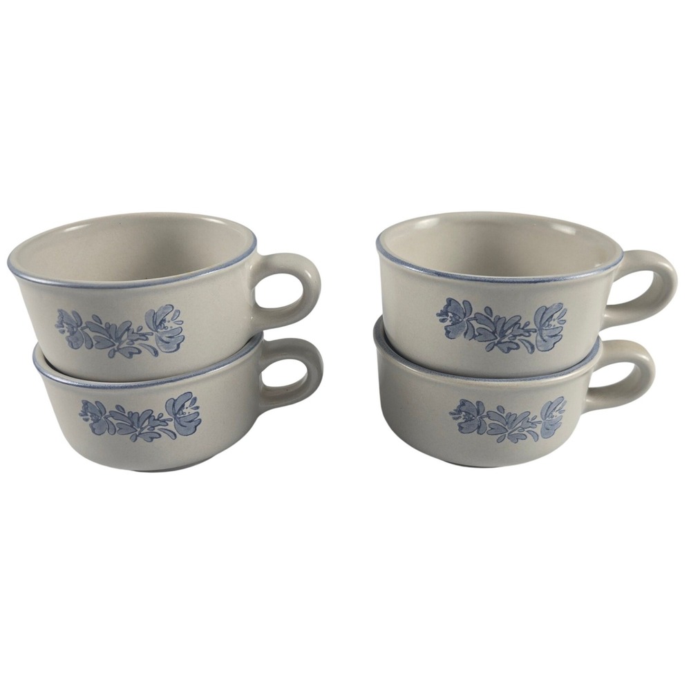 Vintage Pfaltzgraff Yorktowne Set of 4 Handled Soup Cups Blue Floral USA